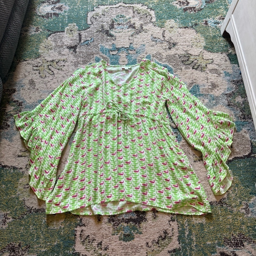 Escapada Beach Green Pink Whale Print Bell Sleeve Tie Waist Tunic Top Small - Picture 3 of 9
